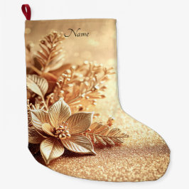 Meia De Natal Grande Golden Poinsettia Holiday Stocking