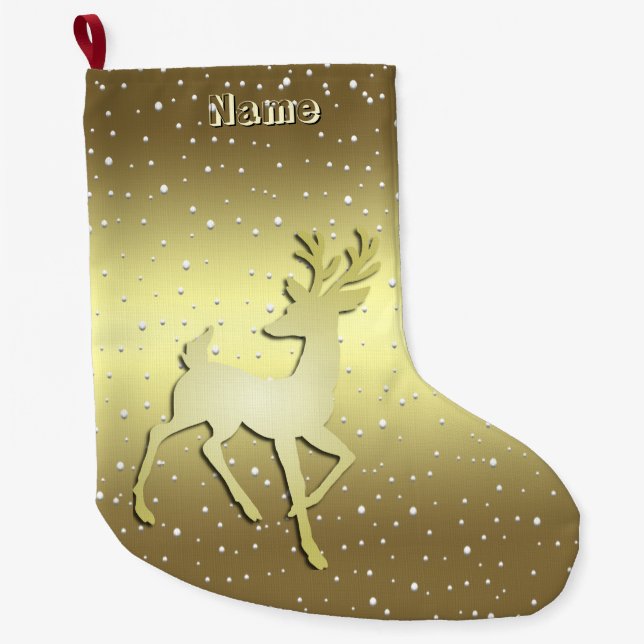 Meia De Natal Grande Golden Reindeer Snowy Holiday Stocking (Frente)