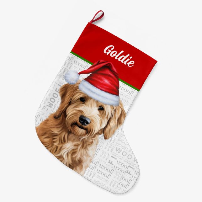 Meia De Natal Grande Goldendoodle de Natal com nome de cão (Frente (Pendurada))