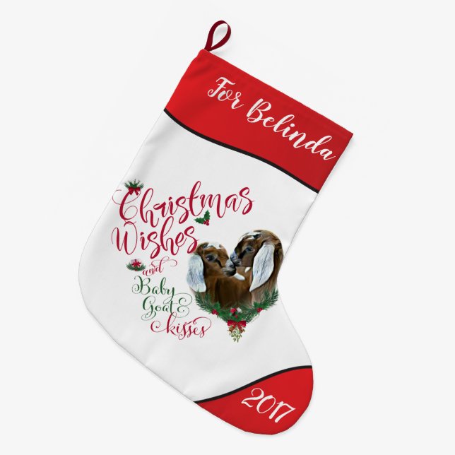 Meia De Natal Grande GOTA | Natal Deseja Bebê Goat Kisses Nubian 3 (Frente (Pendurada))