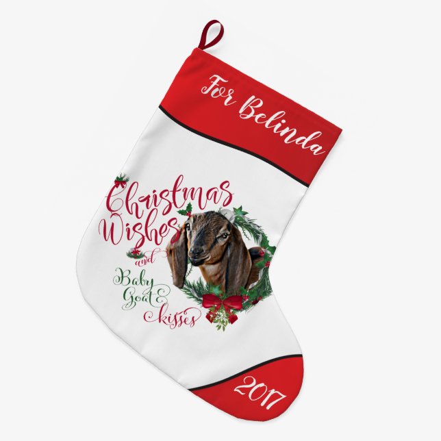 Meia De Natal Grande GOTA | O Natal Deseja O Bebê Goat Kisses Nubian 2 (Frente (Pendurada))