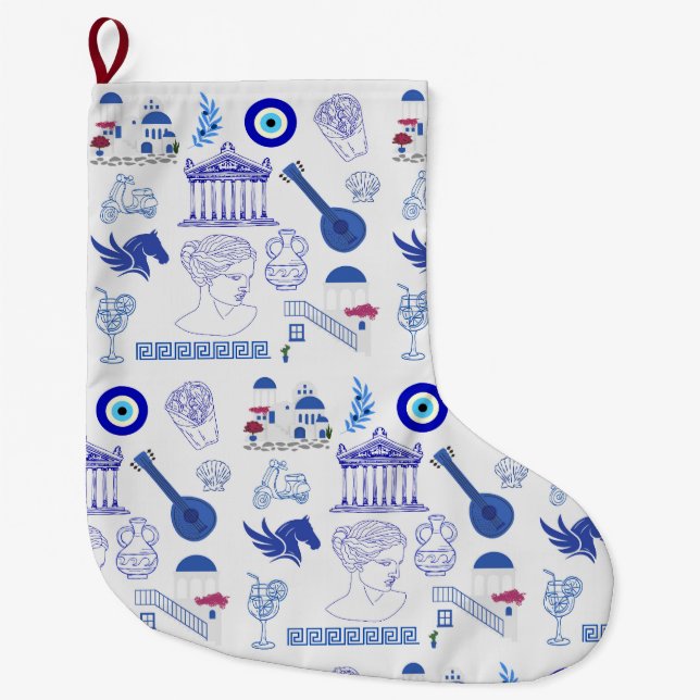 Meia De Natal Grande Grécia Azul e Branco (Frente)