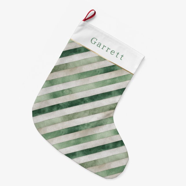 Meia De Natal Grande Green Cream Stripes Christmas (Frente (Pendurada))