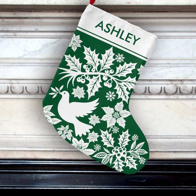 Meia De Natal Grande Green Holiday Toile Dove Holly and Poinsettia  (Criador carregado)