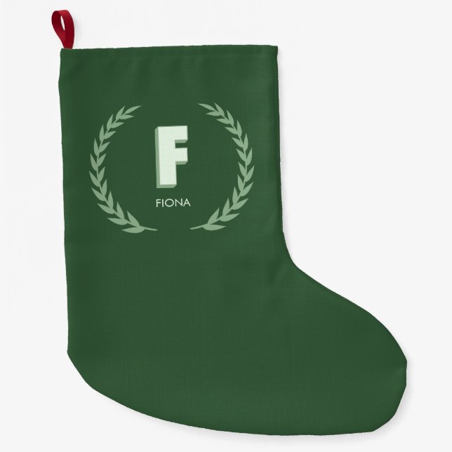 Meia De Natal Grande Green Laurel Wreath Letter F Monogram  (Frente)
