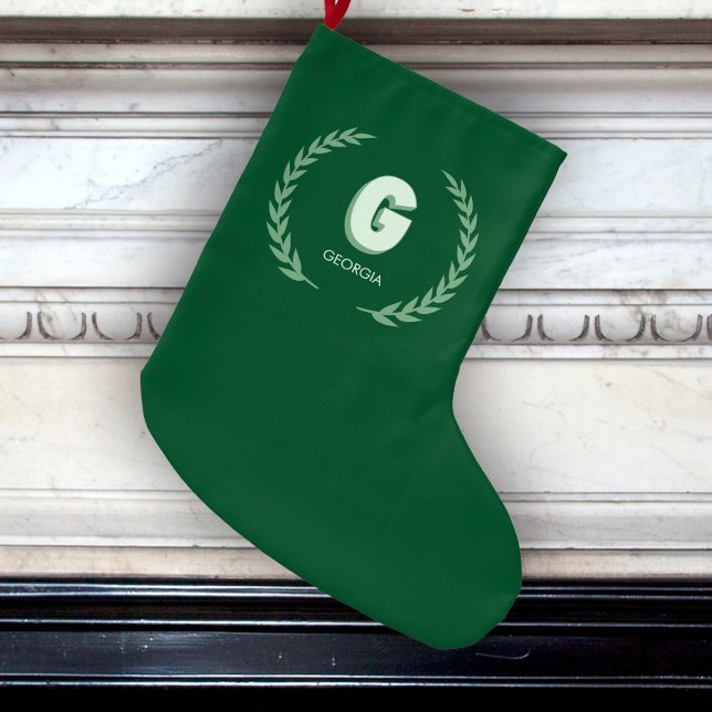 Meia De Natal Grande Green Laurel Wreath Letter G Monogram  (Criador carregado)
