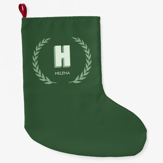 Meia De Natal Grande Green Laurel Wreath Letter H Monogram  (Frente)