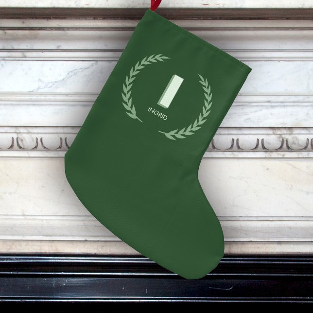 Meia De Natal Grande Green Laurel Wreath Letter I Monogram  (Criador carregado)