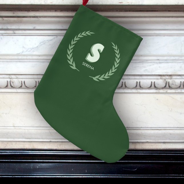 Meia De Natal Grande Green Laurel Wreath Letter S Monogram  (Criador carregado)