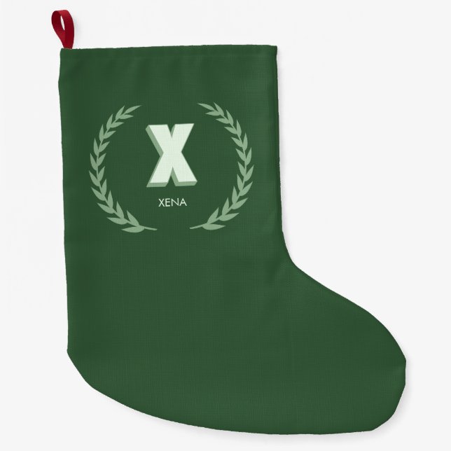 Meia De Natal Grande Green Laurel Wreath Letter X Monogram  (Frente)