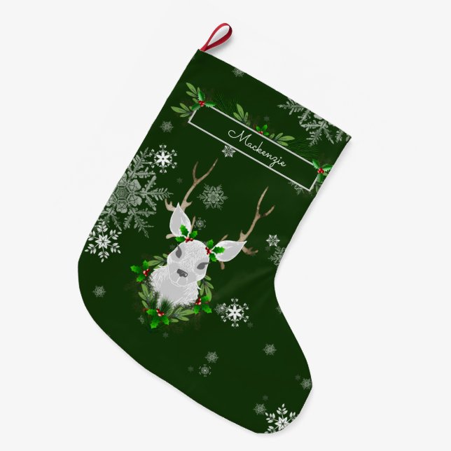 Meia De Natal Grande Green Reindeer Stocking (Frente (Pendurada))