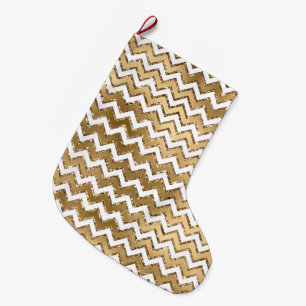Meia De Natal Grande Grelha Dourada de Zigzag Branca
