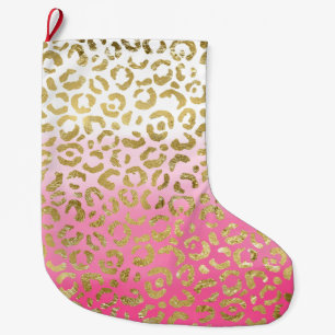 Meia De Natal Grande Grelha Dourada Rosa Branca - Leopardo