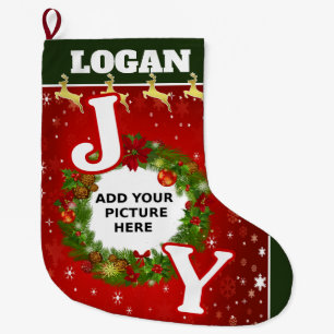 Meia De Natal Grande Grinalda de JOY Personalizada com Imagem e Nome