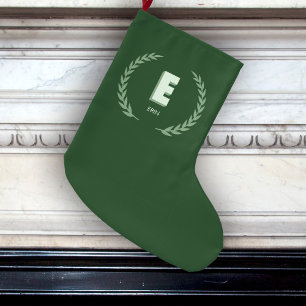 Meia De Natal Grande Grinalda de Louro Verde Letra E Monograma