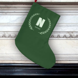 Meia De Natal Grande Grinalda de Louro Verde Letra N Monograma
