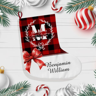 Meia De Natal Grande Guirlanda de Monograma Feliz Natal Xadrez de Búfal