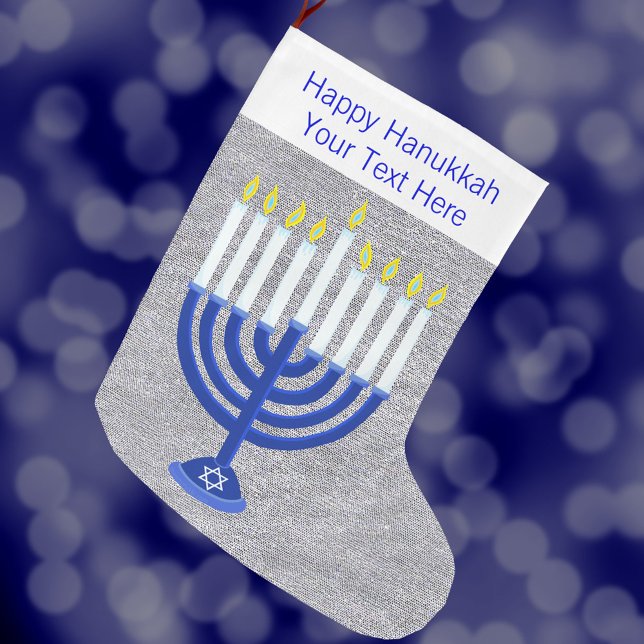 Meia De Natal Grande Hanukkah Blue Menorah Silver Chrismukkah (Add your custom text to this Happy Hanukkah Christmas stocking and celebrate interfaith holidays)