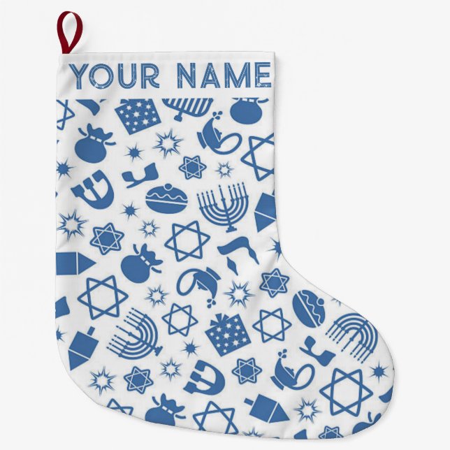 Meia De Natal Grande Hanukkah Chanukah Azul, Judeu de Natal Moderno (Frente)