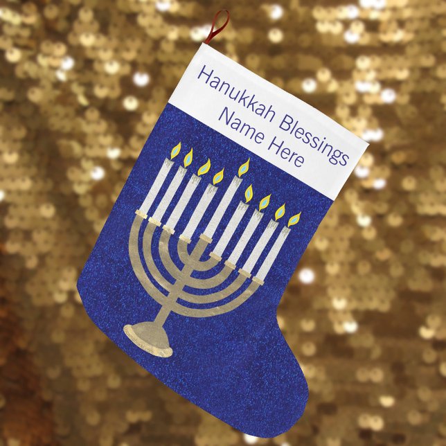 Meia De Natal Grande Hanukkah Dourado Menorah Elegante Chrismukkah (It's easy to add a name to this gold tone menorah Hanukkah Christmas stocking)