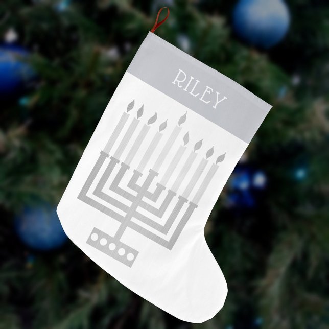 Meia De Natal Grande Hanukkah Menorah Silver Tone Moderno Elegante (Add a name to this faux silver Hanukkah menorah Christmas stocking for a personalized holiday gift)