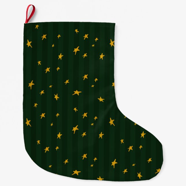 Meia De Natal Grande Holiday Green Yellow Star Stripe Christmas (Frente)