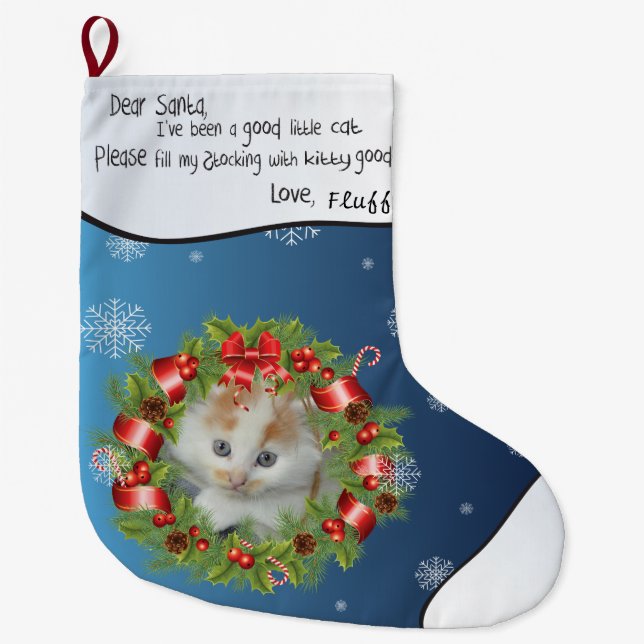 Meia De Natal Grande Holly Wreath Frame Personalize sua foto azul (Frente)