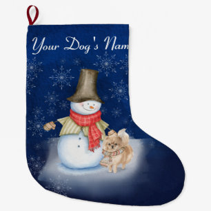 Meia De Natal Grande Homem de neve com cão - Pomerânia Lover Grande N