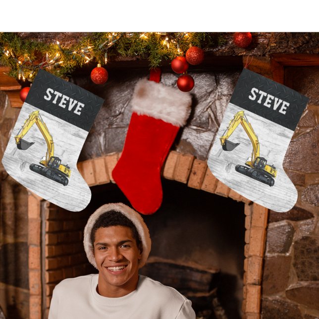 Meia De Natal Grande Homens da escavadora de construção de Natal Merry (Cool one of a kind excavator Christmas stocking.)