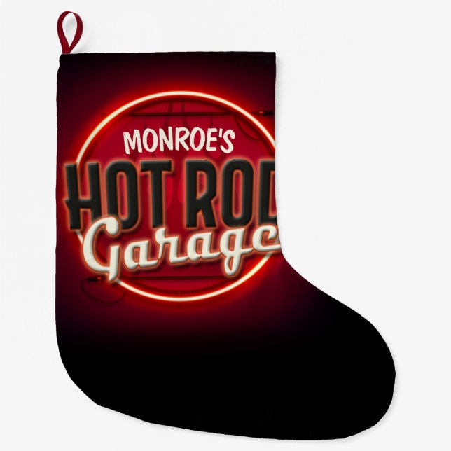 Meia De Natal Grande Hot Rod Flames Nome Personalizado Garagem Personal (Frente)