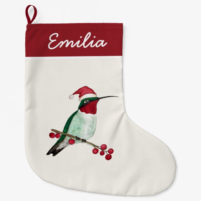 Meia De Natal Grande Hummingbird com garganta de rubi personalizada (Frente)