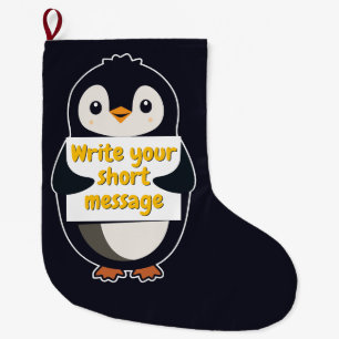 Meia De Natal Grande Ilustração de pinguim segurando placa personalizáv