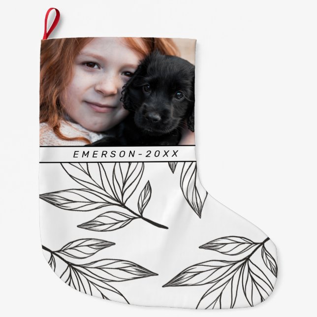 Meia De Natal Grande Impressão botânico com foto e nome preto (Frente)