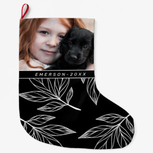 Meia De Natal Grande Impressão botânico com foto e nome preto