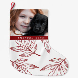 Meia De Natal Grande Impressão botânico com foto e nome Red Holiday