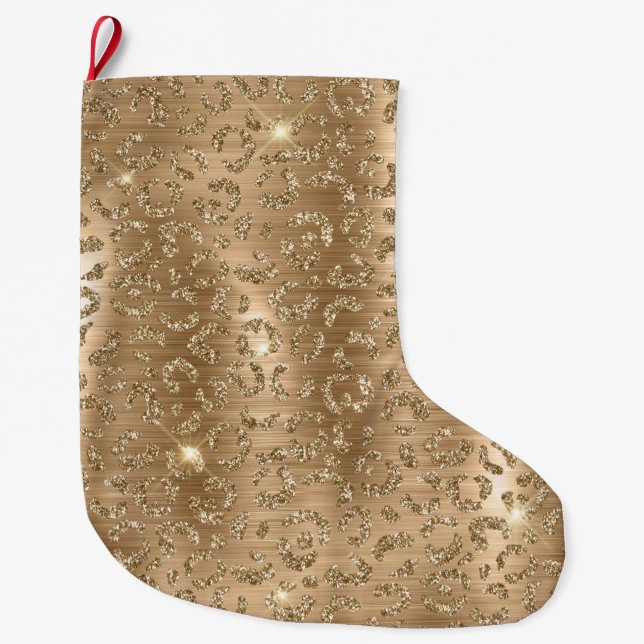 Meia De Natal Grande Impressão Leopardo com Glitter Dourada (Frente)