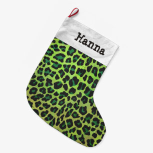 Meia De Natal Grande Impressão preto e verde do leopardo