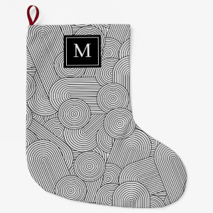 Meia De Natal Grande Inicial Monogramada Preta e Branca Estilo Moderno 