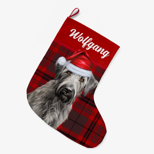 Meia De Natal Grande Irish Wolfhound Dog Red Holiday Plaid Personalized (Frente (Pendurada))