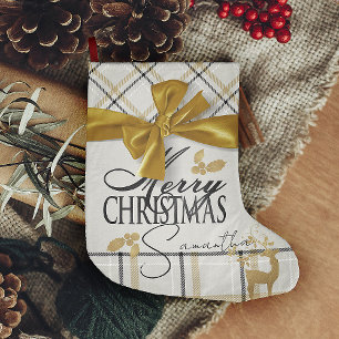 Meia De Natal Grande Ivory & Dourada Xadrez Reindeer & Name Feliz Natal