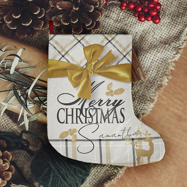 Meia De Natal Grande Ivory & Dourada Xadrez Reindeer & Name Feliz Natal (ivory & cream & black with faux gold bow and reindeer personalized with name Christmas Stocking)