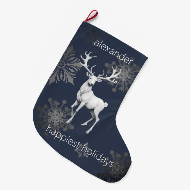 Meia De Natal Grande Ivory Reindeer Christmas | Azul personalizado (Frente (Pendurada))