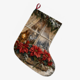 Meia De Natal Grande Janela de Natal com Poinsettia Nevada