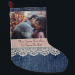 Meia De Natal Grande Jeans Azul Pic/Texto Personalizados Lace Chic<br><div class="desc">Elegante, encantador com um toque de romance caprichoso. Simples e esbanjado, esta design vai adicionar um belo olhar quente à sua casa. Por favor, note, NÃO há lugar real e NÃO há jeans azuis de denim reais. Todos os jeans azuis de lace e denim estão dentro do design de trabalho...</div>