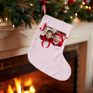 Meia De Natal Grande JOY Foto de Natal Personalizada Vermelho e Rosa