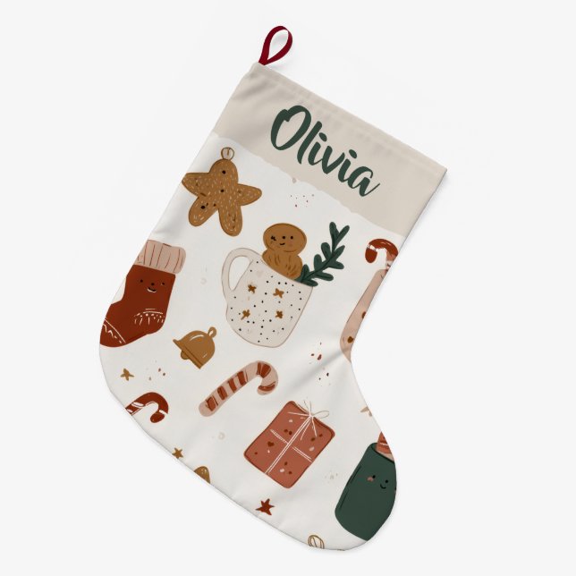 Meia De Natal Grande Joyful Christmas Pattern Custom Name Stocking (Frente (Pendurada))