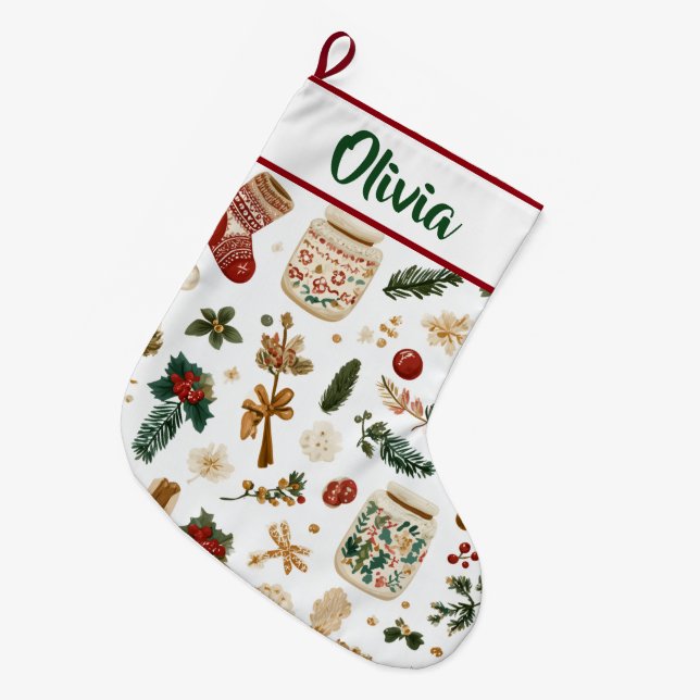 Meia De Natal Grande Joyful Holiday Pattern | Christmas Stocking  (Frente (Pendurada))