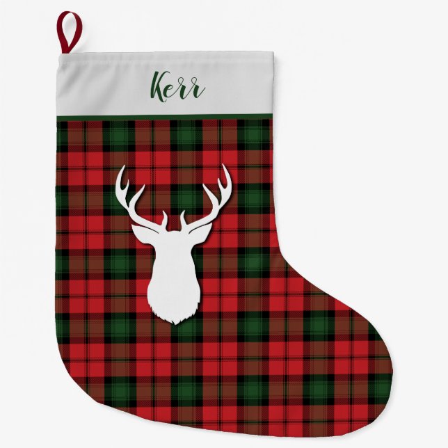 Meia De Natal Grande Kerr Tartan Green Red Xadrez Personalizada (Frente)