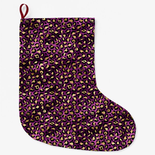 Meia De Natal Grande Leopardo roxo e Dourado Design 1 (Frente)