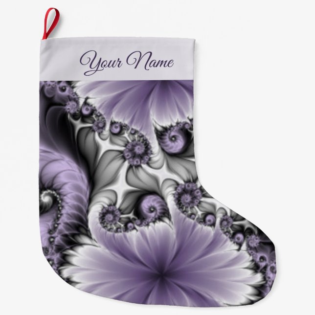 Meia De Natal Grande Lilac Illusion Abstrato Floral Fractal Art Name (Frente)